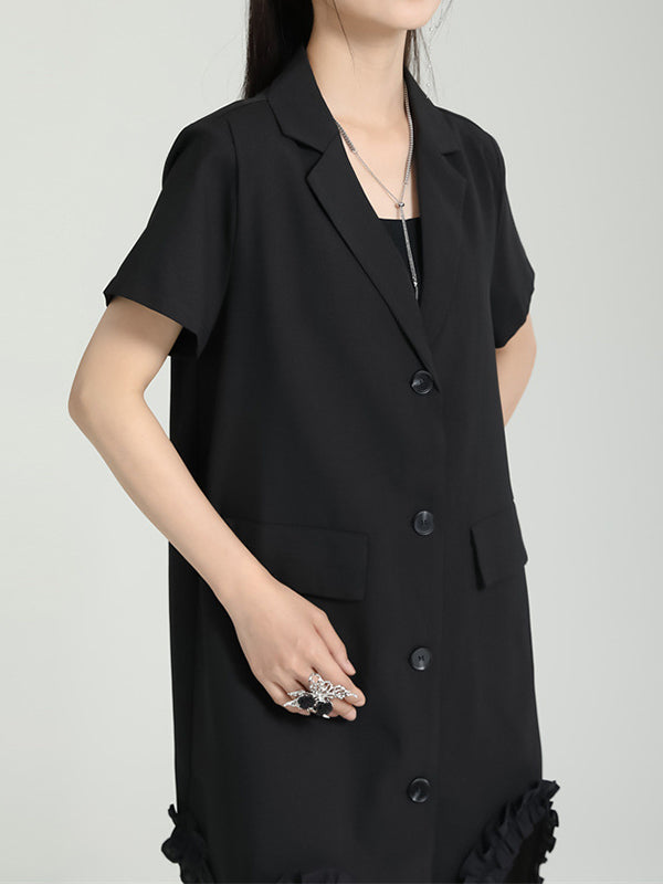 Irregular Clipping Short Sleeves Pure Color Notched Collar Mini Dresses