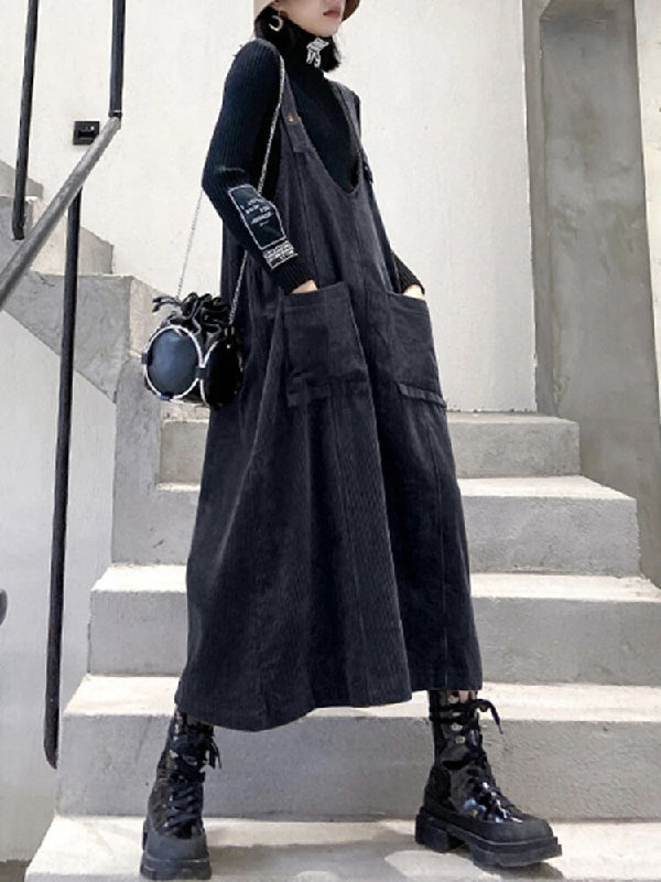 Casual Pure Color Split-Joint Midi Overall Dress