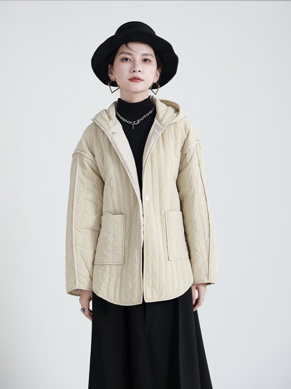 Casual Solid Color Vertical Stripe Hooded Coat