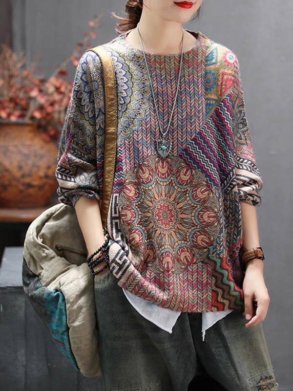 Loose Ethnic Style Print Round Neck Sweater