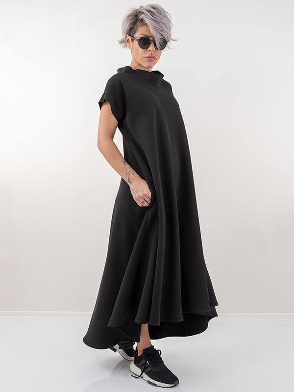 Loose Comfy Solid Color Stand Collar Midi Dress