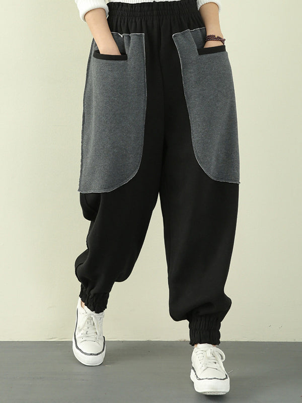 Women Color Block Pocket Brushed Casual Pants