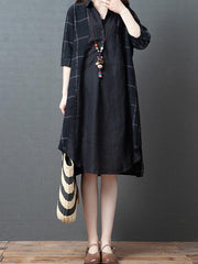 Loose Plaid Splicing Split-Side Lapel Dress