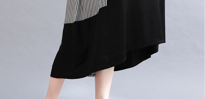 Women Loose Striped Stitching Short Sleeve Dress