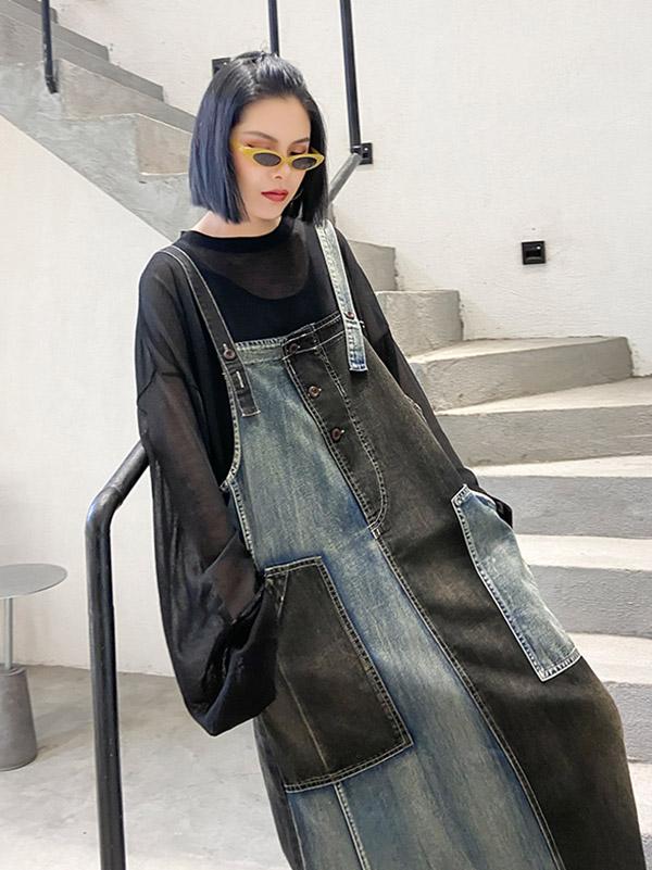 Contrast Color Splicing Sleeveless Jean Dress