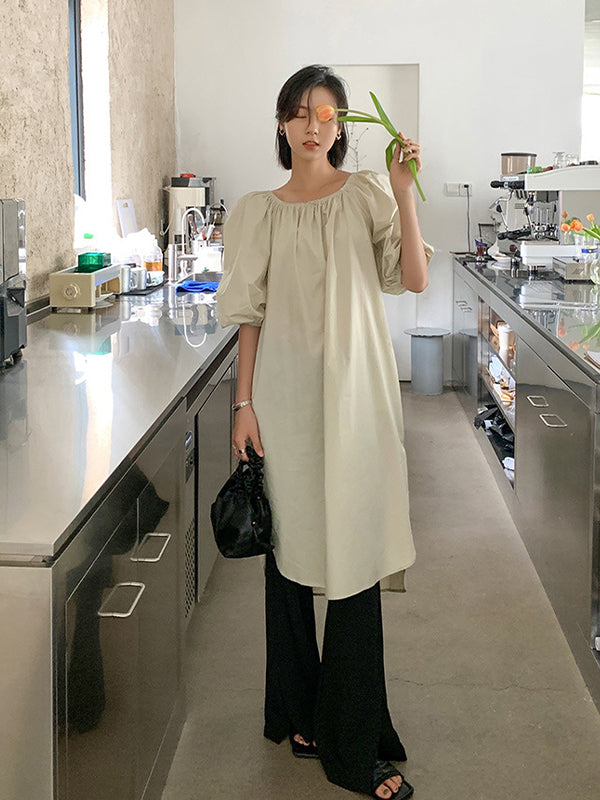 Simple Solid Color Loose Lantern Sleeve Dress