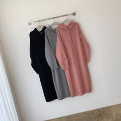 Loose Solid Knitted Split Hooded Midi Dress