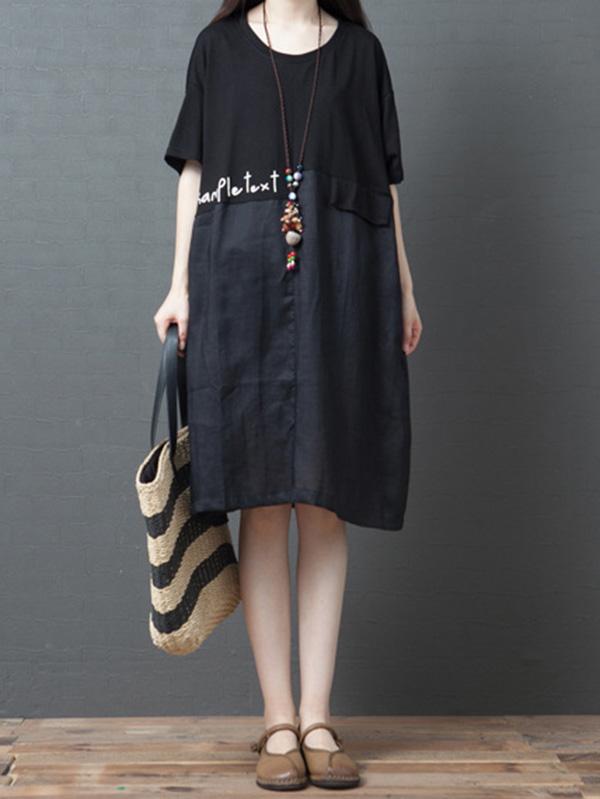 Loose Print Splicing Round-Neck Dress