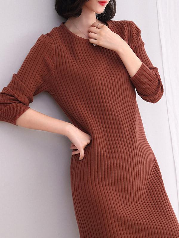 Solid Round Neck Knitting Midi Dress