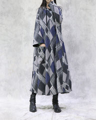 Retro Loose Plaid Hooded Maxi Dress