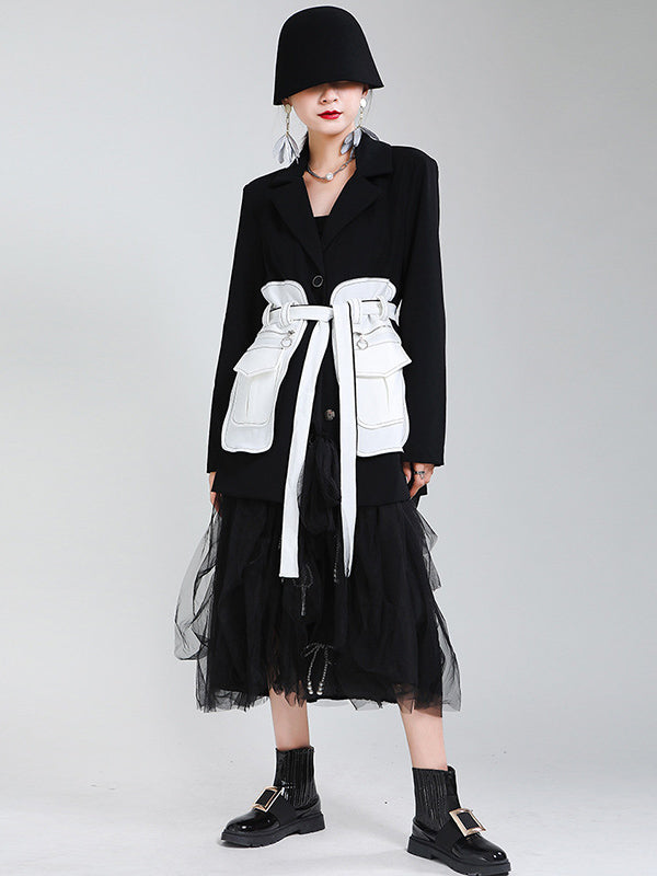 Black&White Split-Joint Lapel Belted Outwear