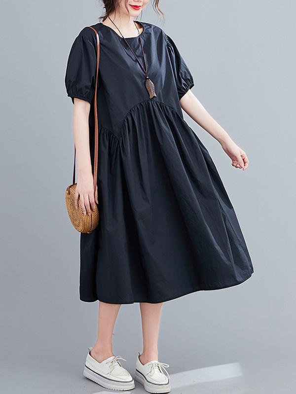 Fashion Solid Pleats Bishop Sleeve Dress