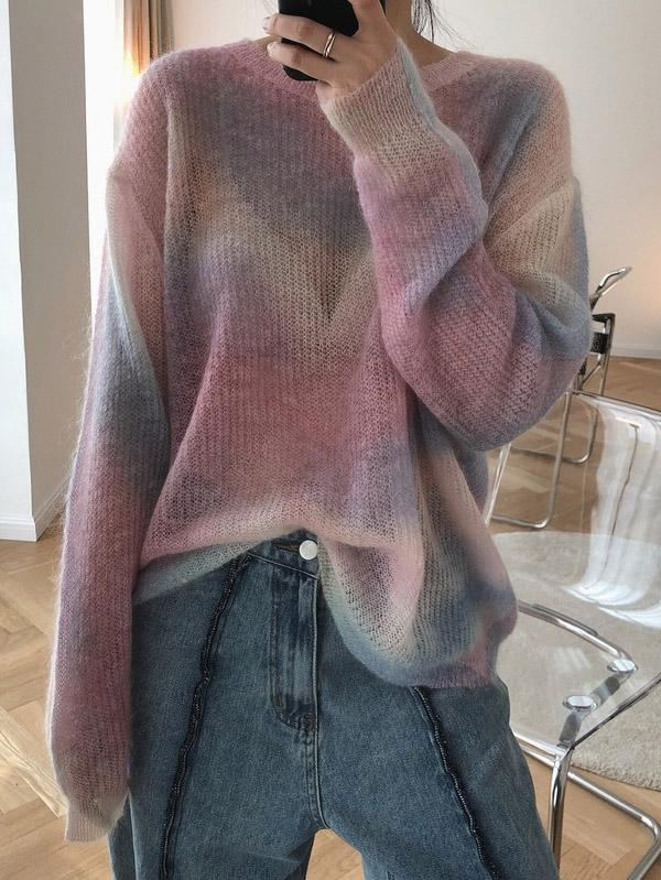 Loose Tie-dyed Mohair Knitting Sweater