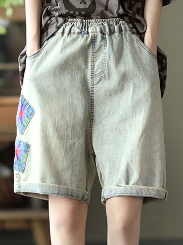 Retro Patch Embroidered All Match Wide Leg Shorts