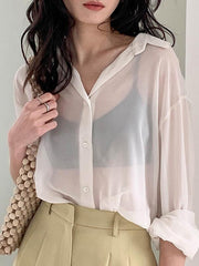 Solid Color See-Through Loose Shirt