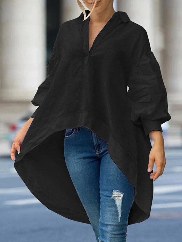 Urban High-Low Lapel Puff Sleeves Blouses&Shirts Top