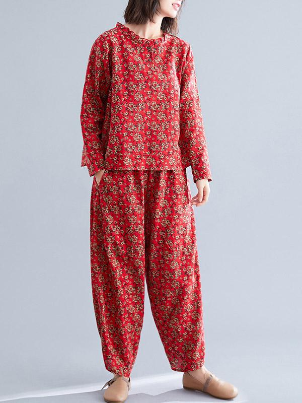 Loose Retro Floral Printed Blouses and Pants Suits