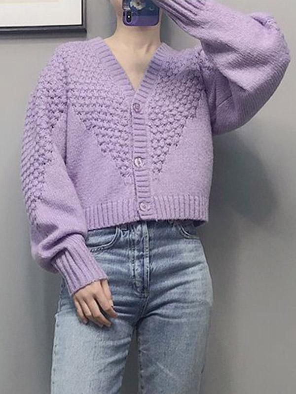 Purple Vintage Puff Sleeve V-Neck Outwear