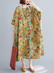 Artistic Retro Floral Round-Neck Dress