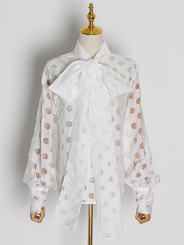 Simple Wavy Dot Neck Lace-Up Shirt Top