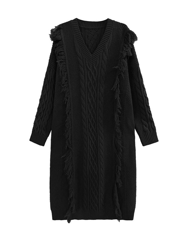 Stylish Selection Roomy Long Sleeves Tasseled Jacquard V-Neck Midi Dresses Sweater Dresses