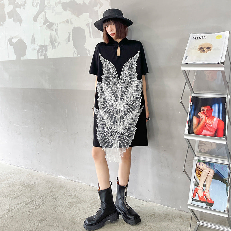Loose Wing Embroidery Stitching Midi Dress