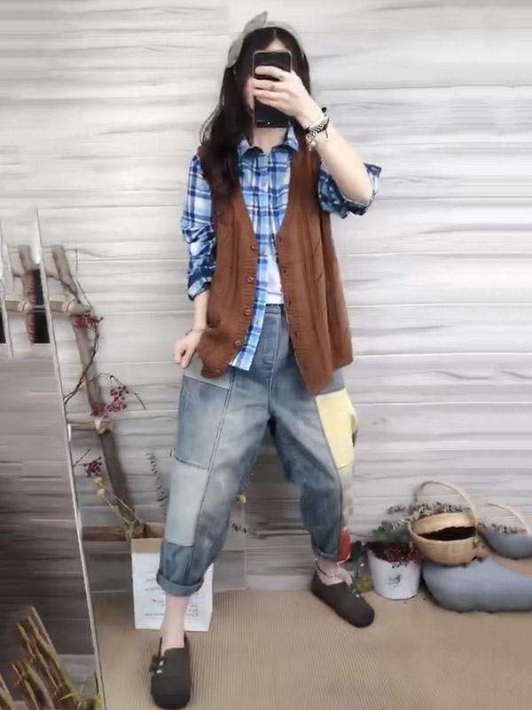 Loose Split-Joint Retro High-Waist Jean Pants