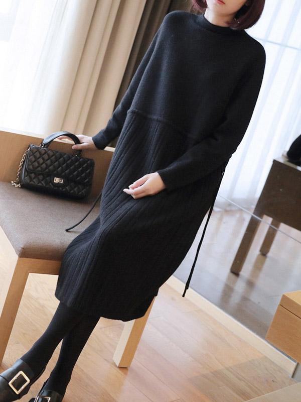 Plain Elasticity Pleated Knit Midi Dress