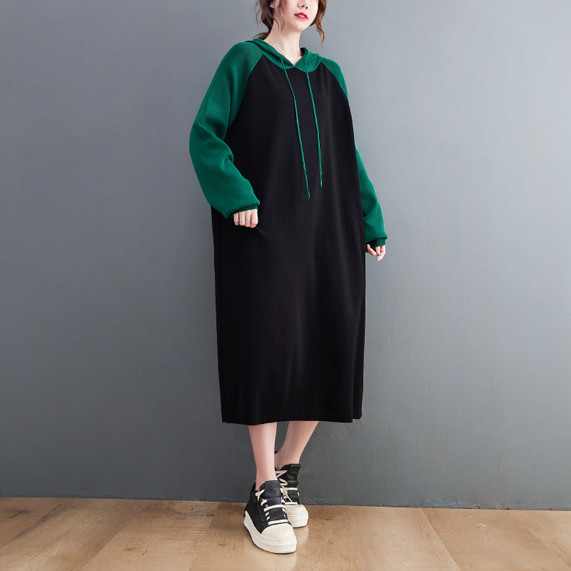 Retro Loose Color-Block Hooded Midi Dress