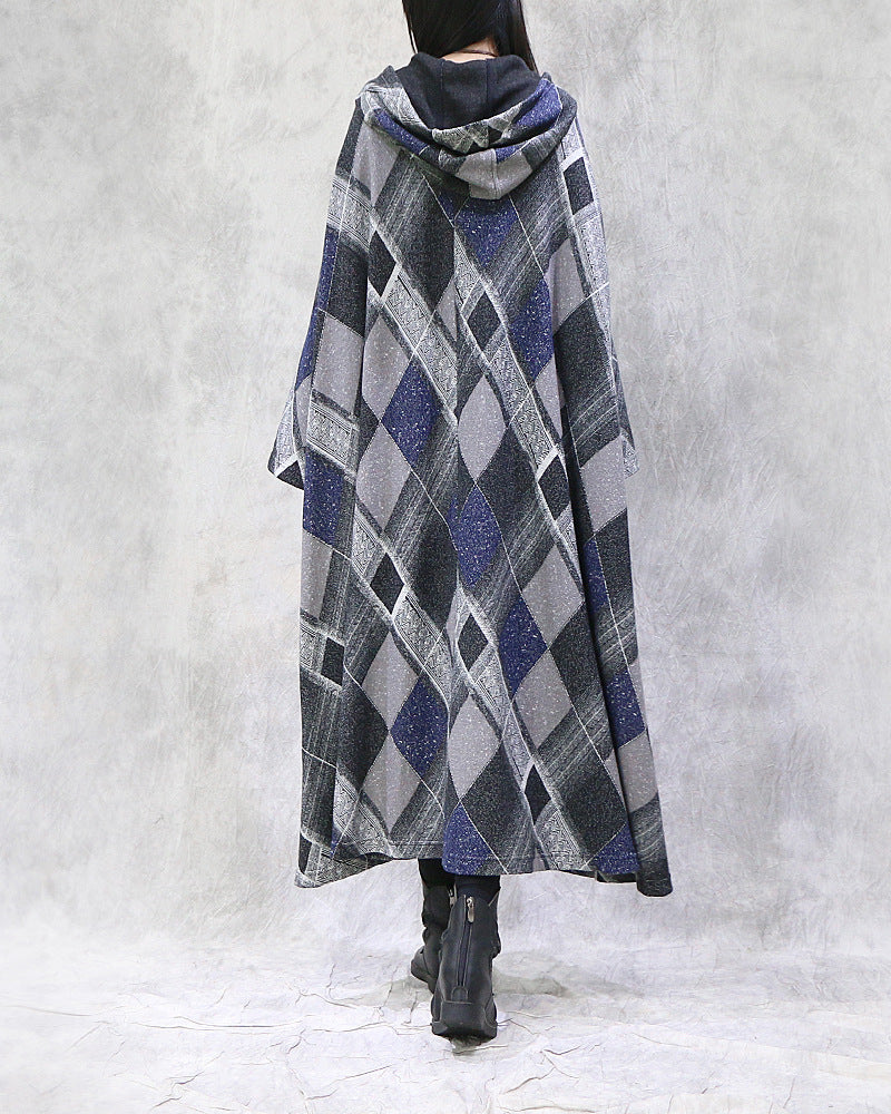 Retro Loose Plaid Hooded Maxi Dress