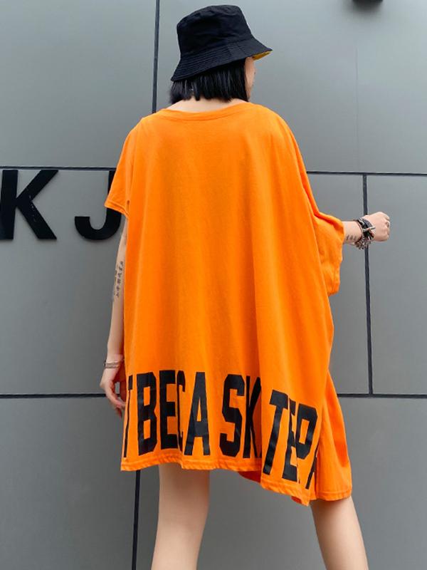 Cropped Letter Print Split-Front Round-Neck T-Shirt