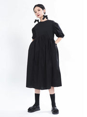 Loose Solid Color Puff Sleeve A-Line Dress