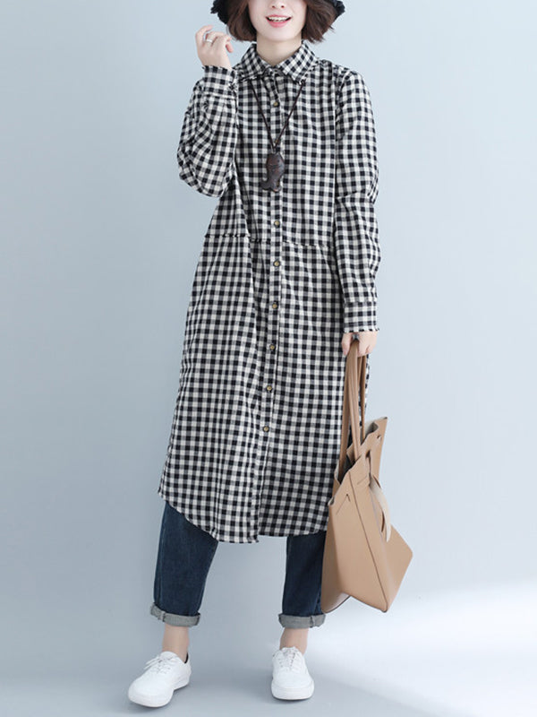 Loose Plaid Long Sleeve Blouse Dress