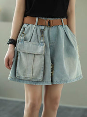 Vintage Elastic Waist Large Pocket Wide Leg Jean Shorts