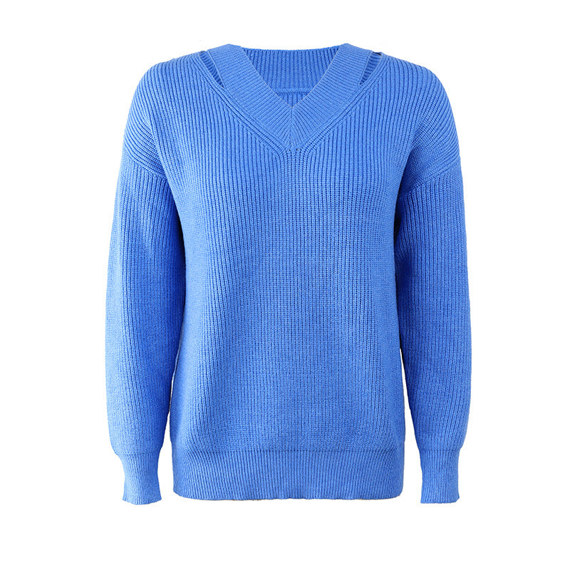 Classic Solid Color Knit V-Neck Sweater