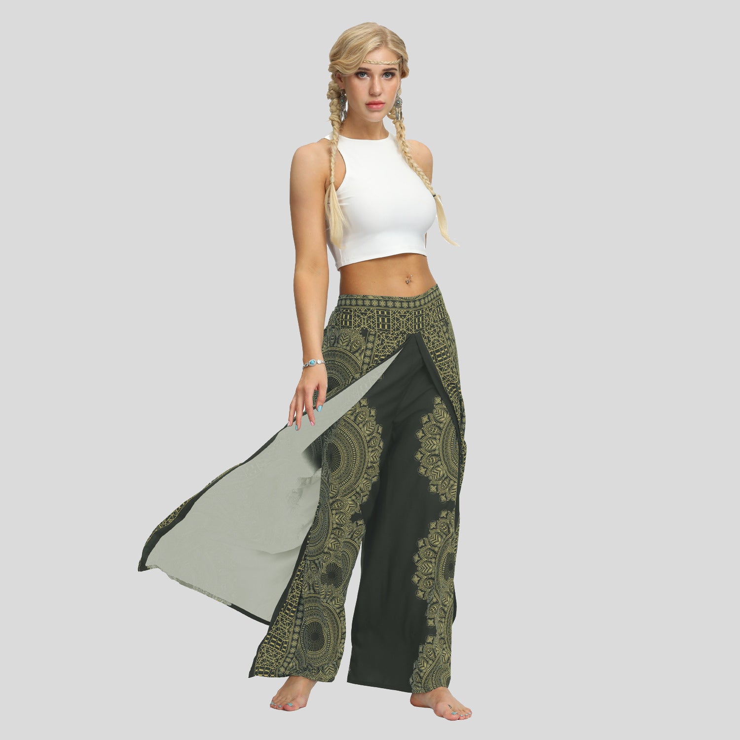 Ethnic Print Loose Fit Wide Leg Casual Pants