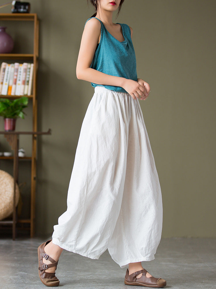 Solid Color Elastic Waist Loose Casual Pants