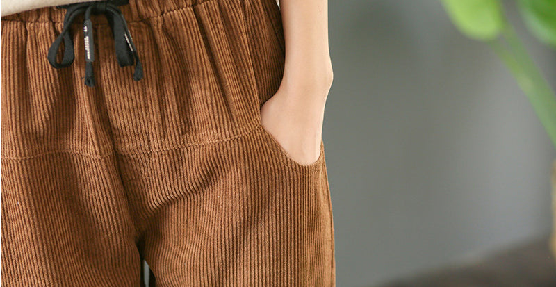 Loose Solid Color Drawstring Corduroy Pants