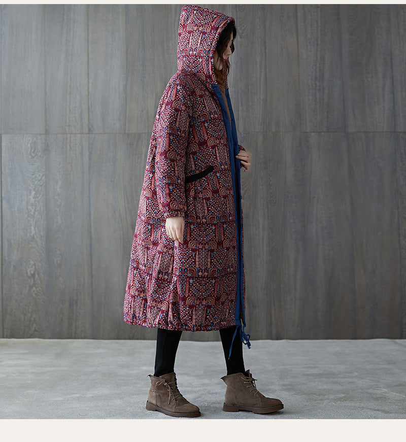 Women Printed Loose Hooded Casual Coat