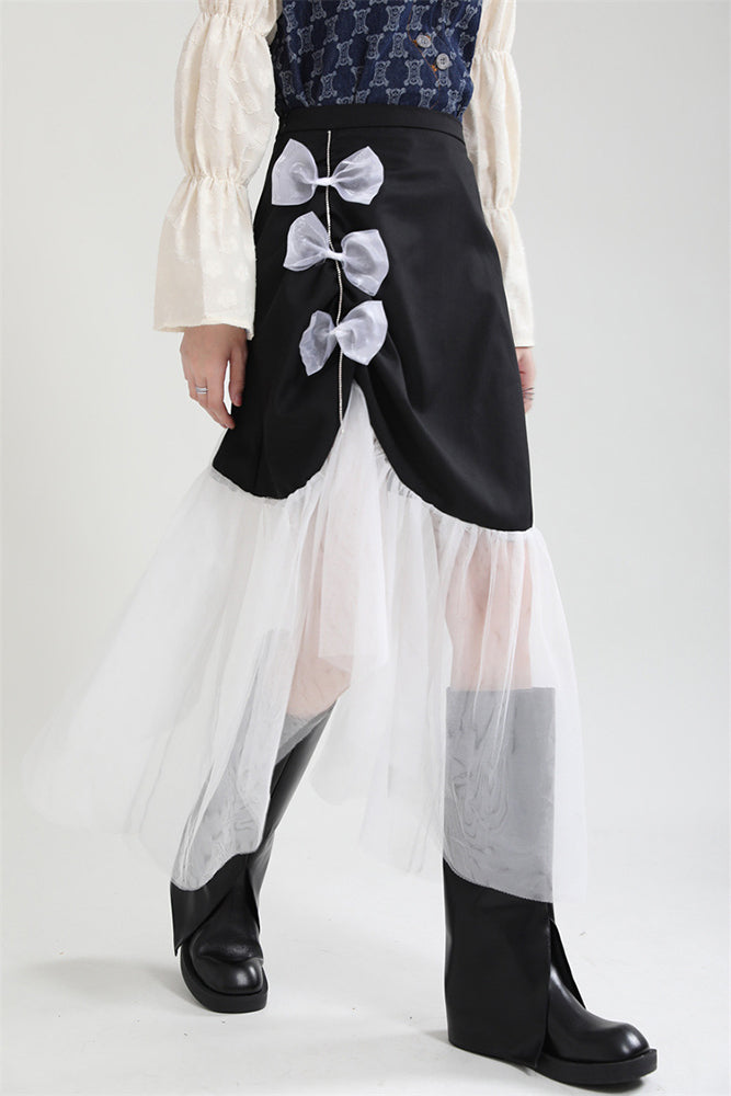 Irregular Skirt With Bow Stitching Mesh