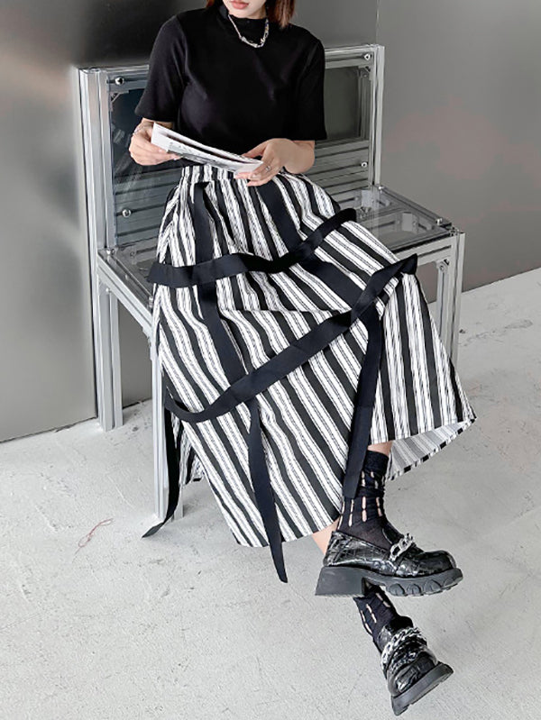 A-Line Roomy Striped Elasticity Split-Joint Streamer Skirts Bottoms