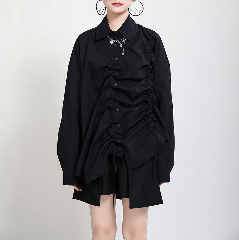 Women Loose Asymmetrical Drawstring Shirt