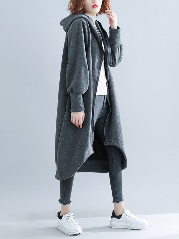 Casual Loose High-Low Solid Color Zipper Hooded Outerwear