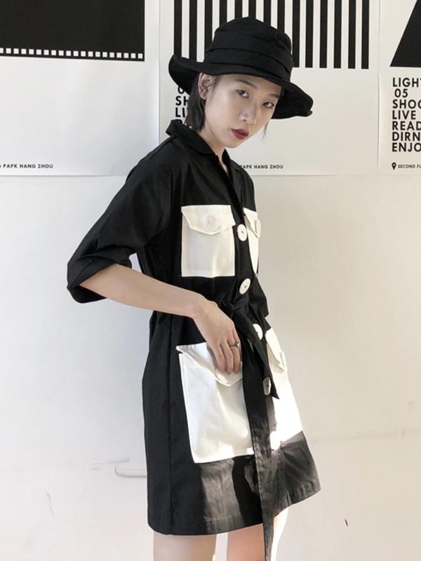 Split-joint Lapel Big Pocket Shirt Dress