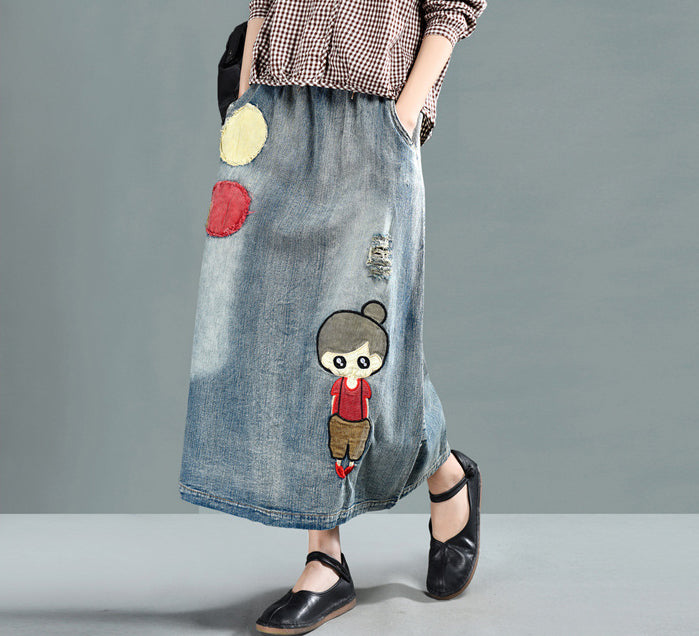 Embroidered Retro A-Line Denim Skirt