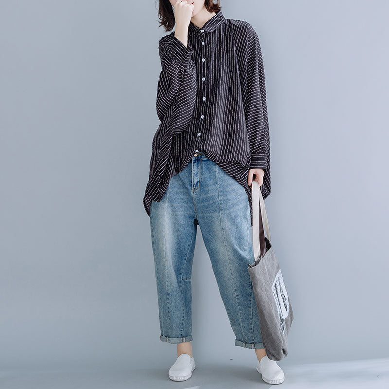 Women Loose Bat Sleeve Striped Shirt