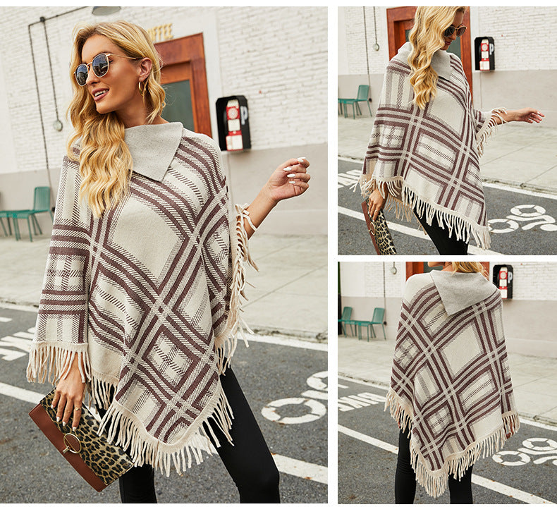 Casual Plaid Knitted Lapel Shawl Sweater