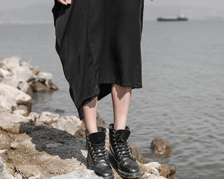 Women V-Neck Asymmetrical Loose Pleated Casual Dress