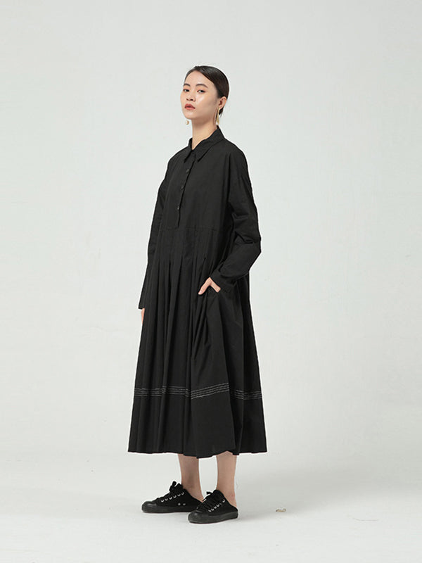 Solid Color Long Sleeve Pleated Maxi Dress