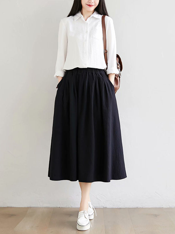 Women Retro Solid Color Loose Casual Skirt